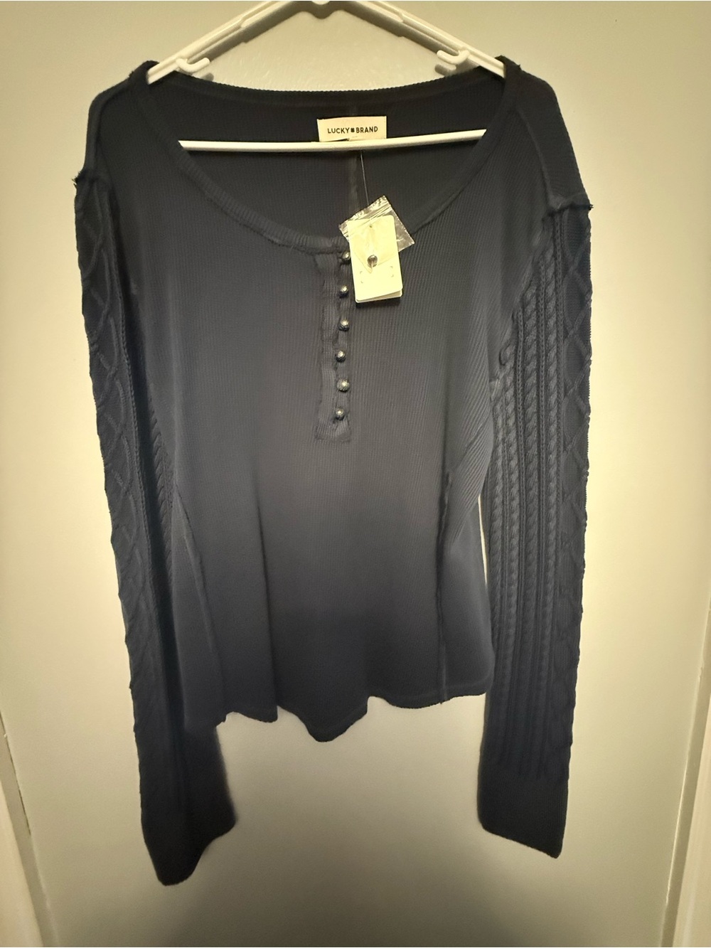 Lucky Brand Mixed Knit Henley Top Women’s Large Navy NWT